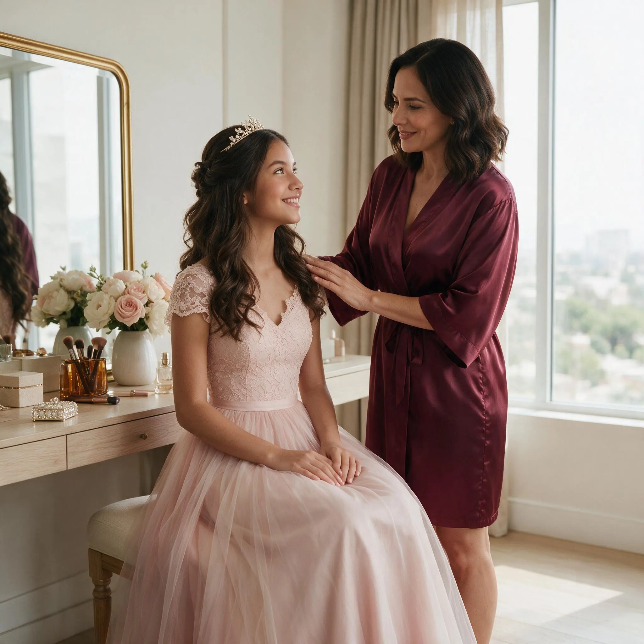Quinceañera con peinado de celebración y tiara, mirándose al espejo del salón