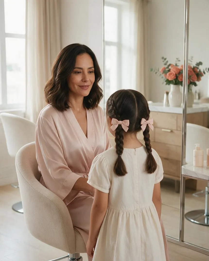 Mamá con maquillaje y peinado social junto a su hija con peinado infantil, frente al espejo del salón compartiendo el momento