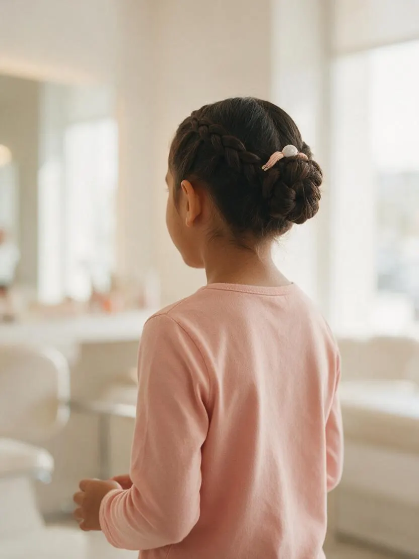 Trenzas o moño infantil con accesorio sencillo, visto de espaldas y sin mostrar el rostro