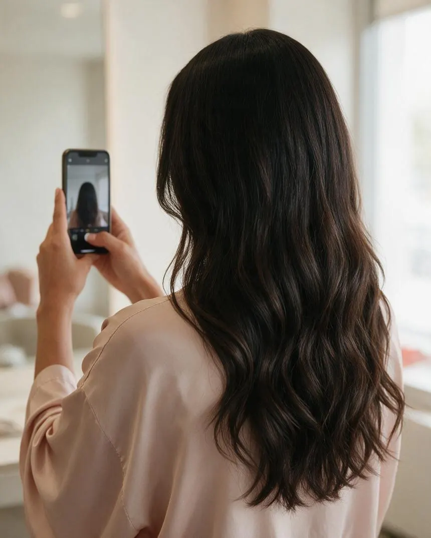 Cabello largo fotografiado de espaldas con luz natural en su estado actual, junto a un celular que toma la foto
