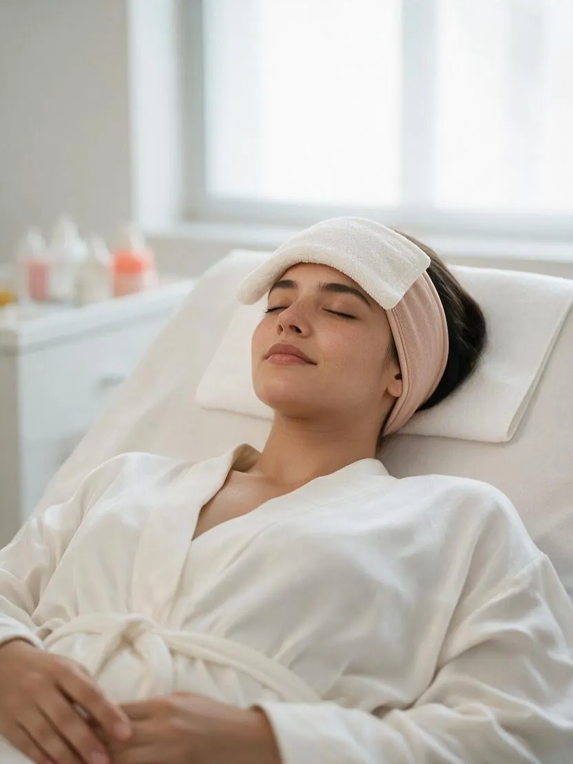 Clienta relajada en la camilla facial con toalla y banda en el cabello, ojos cerrados