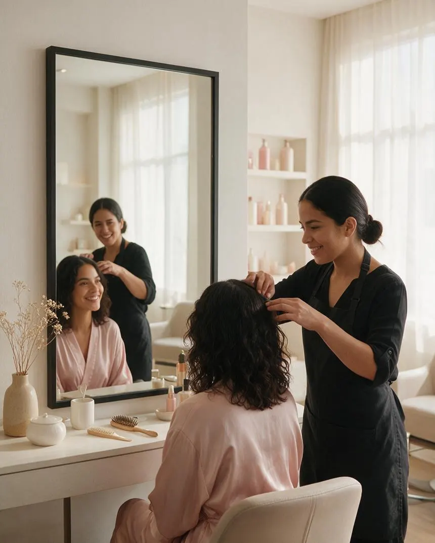 Estilista midiendo con los dedos el largo del cabello de la clienta frente al espejo, conversando sobre el corte