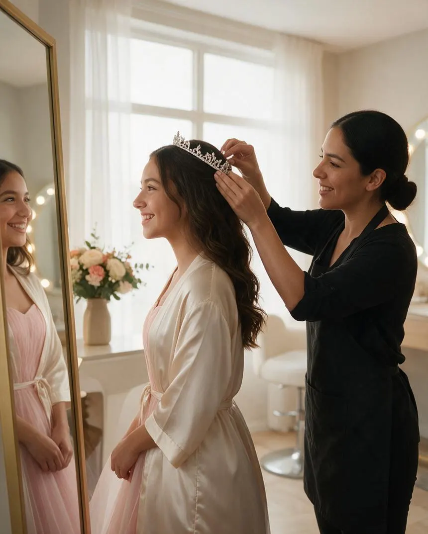 Quinceañera riendo frente al espejo mientras la estilista termina su peinado, con la tiara en la mano de la estilista