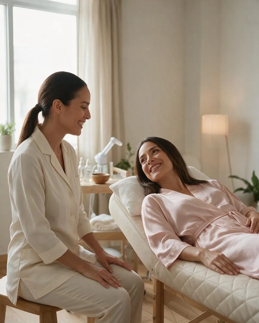Especialista conversando con la clienta sentada en la camilla antes de empezar la limpieza facial, ambas sonriendo