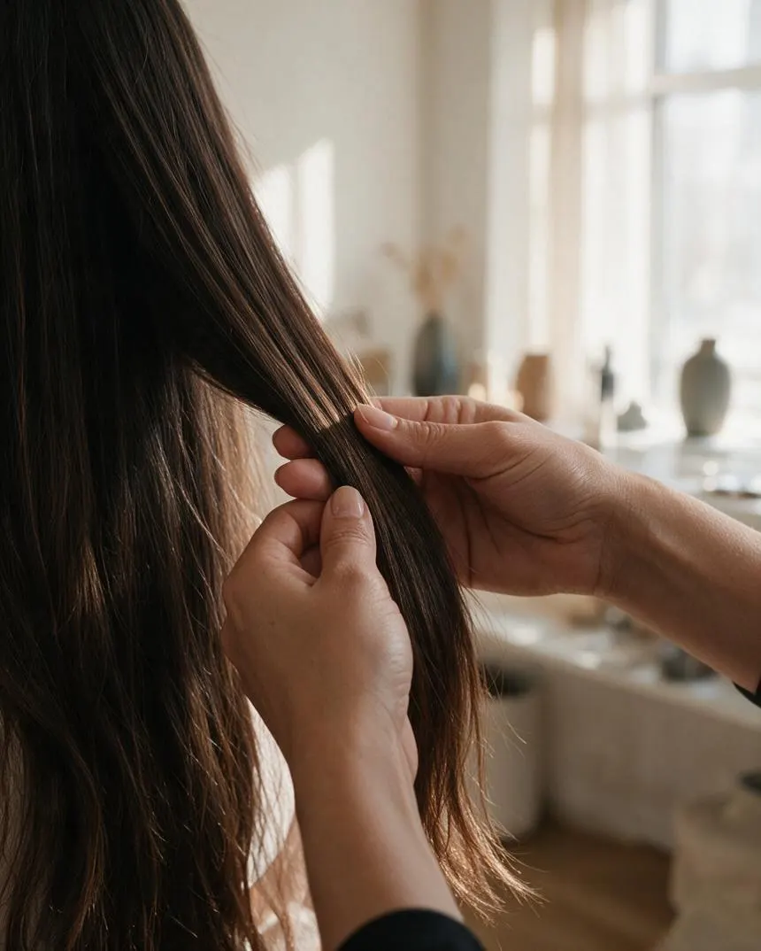 Manos del estilista revisando las puntas de un cabello largo antes del tratamiento