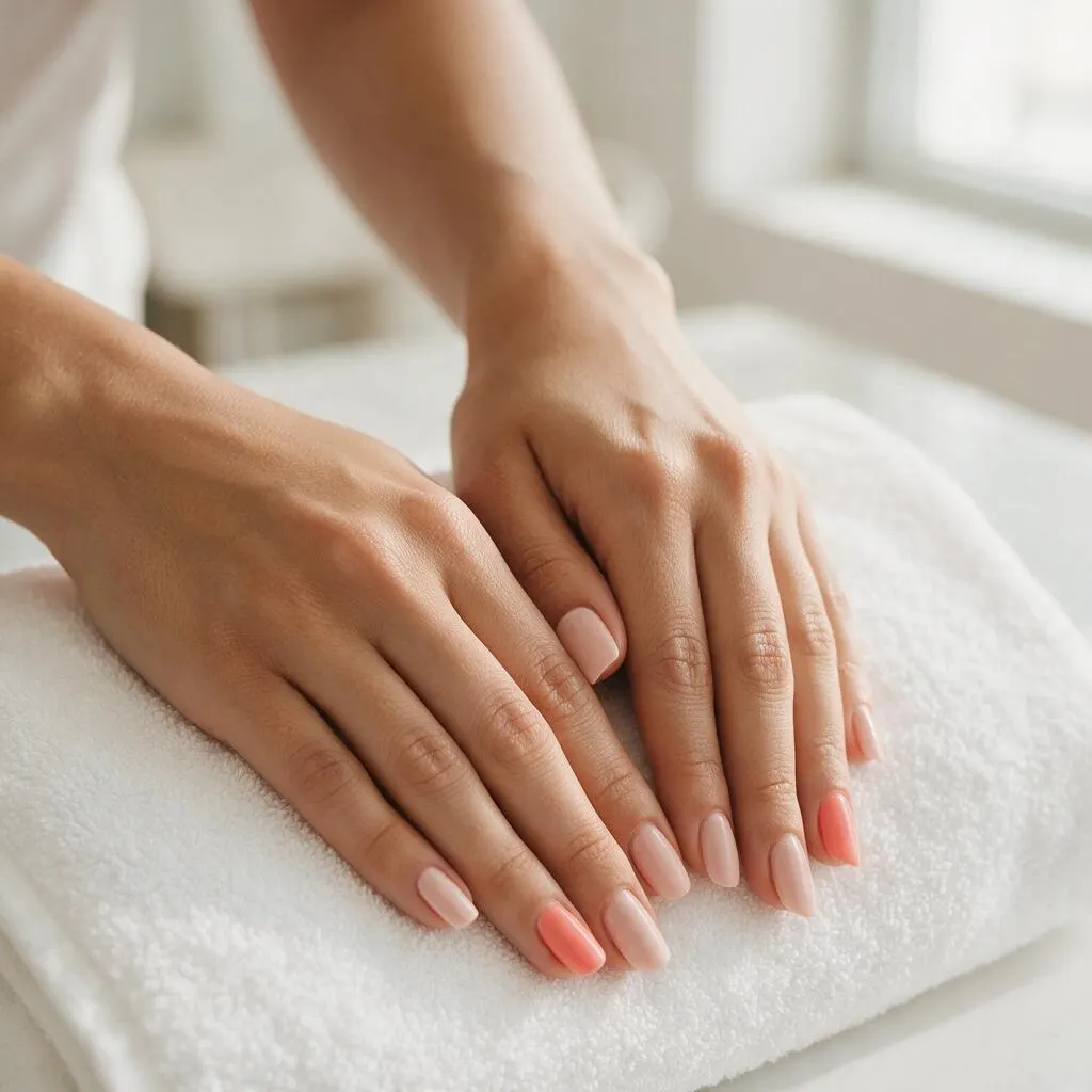 Uñas aplicadas de largo medio a largo con forma definida, manos apoyadas sobre toalla blanca